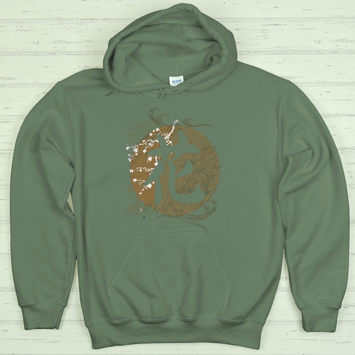 Military Green Flower 花 Japanese Kanji Hoodie - Kanji Soul