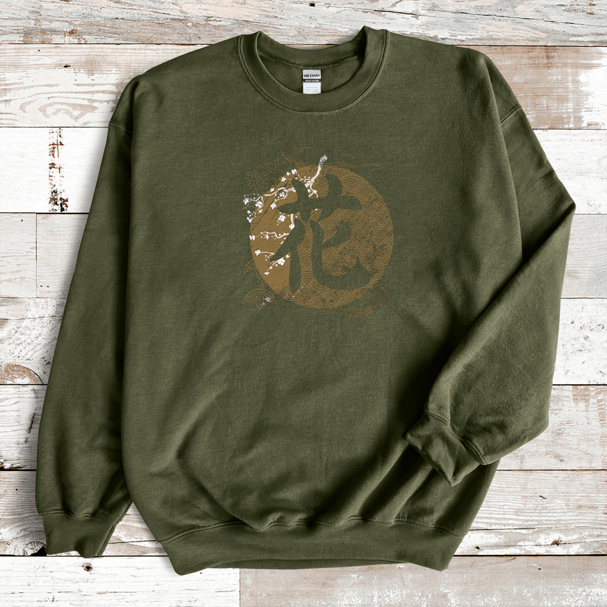 Military Green Flower 花 Japanese Kanji Premium Sweatshirt - Kanji Soul