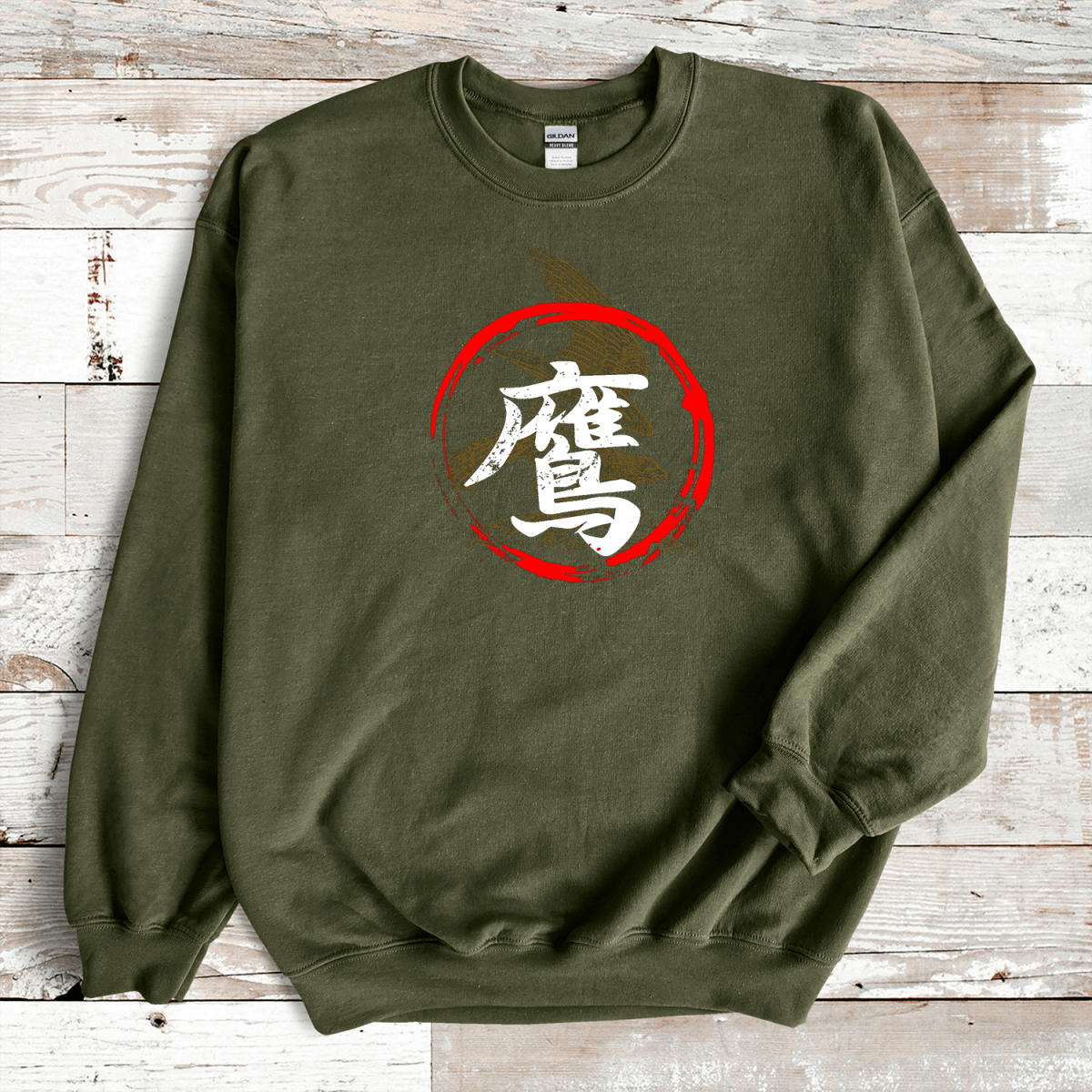 Military Green Hawk 鷹 Japanese Kanji Premium Sweatshirt - Kanji Soul