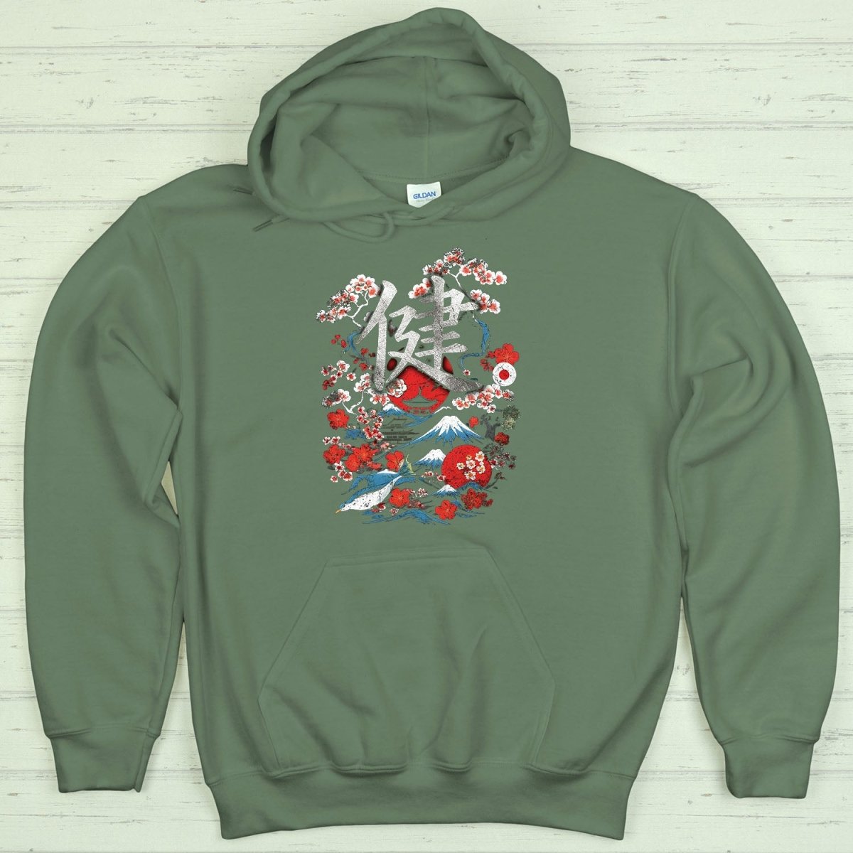 Military Green Health 健 Japanese Kanji Premium Hoodie - Kanji Soul