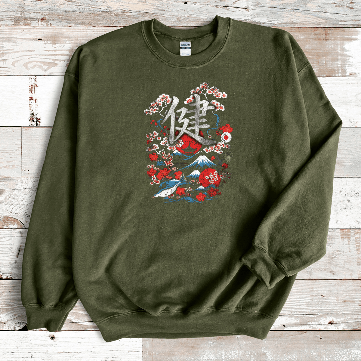 Military Green Health 健 Japanese Kanji Premium Sweatshirt - Kanji Soul