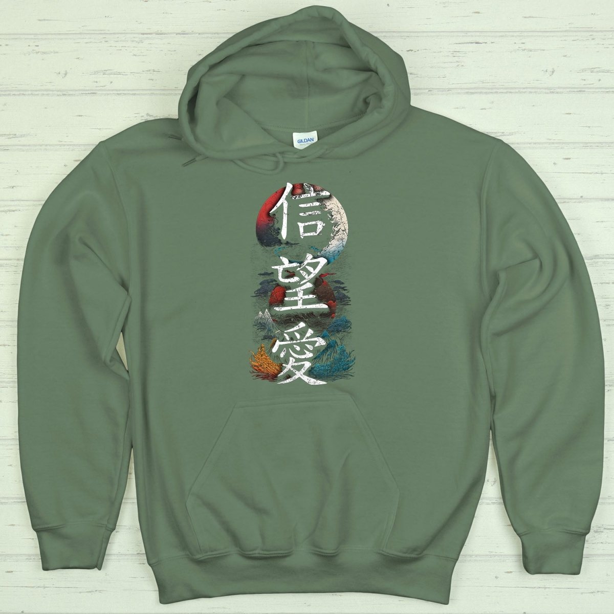 Military Green Hope Faith Love 希信愛 Japanese Kanji Hoodie - Kanji Soul