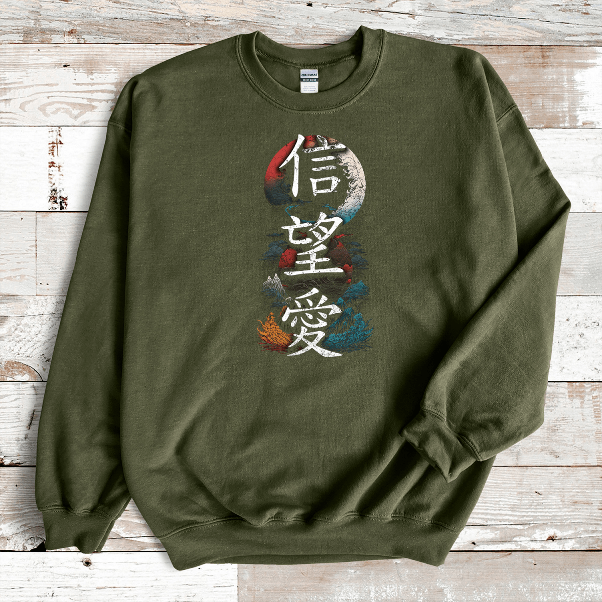 Military Green Hope Faith Love 信望愛 Japanese Kanji Premium Sweatshirt - Kanji Soul