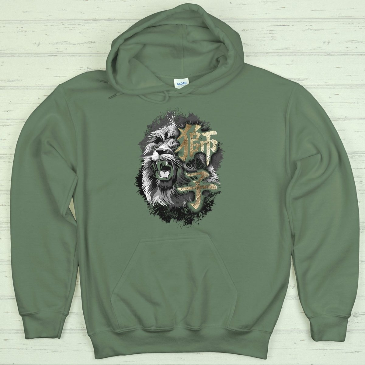 Military Green Lion 獅子 Japanese Kanji Premium Hoodie - Kanji Soul