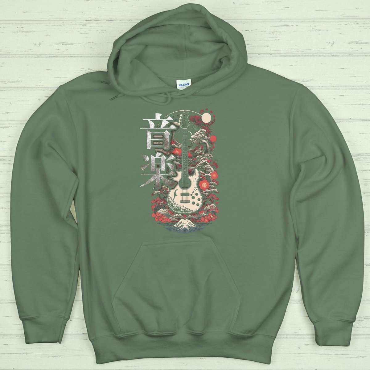 Military Green Music 音楽 Japanese Guitar Hoodie - Kanji Soul