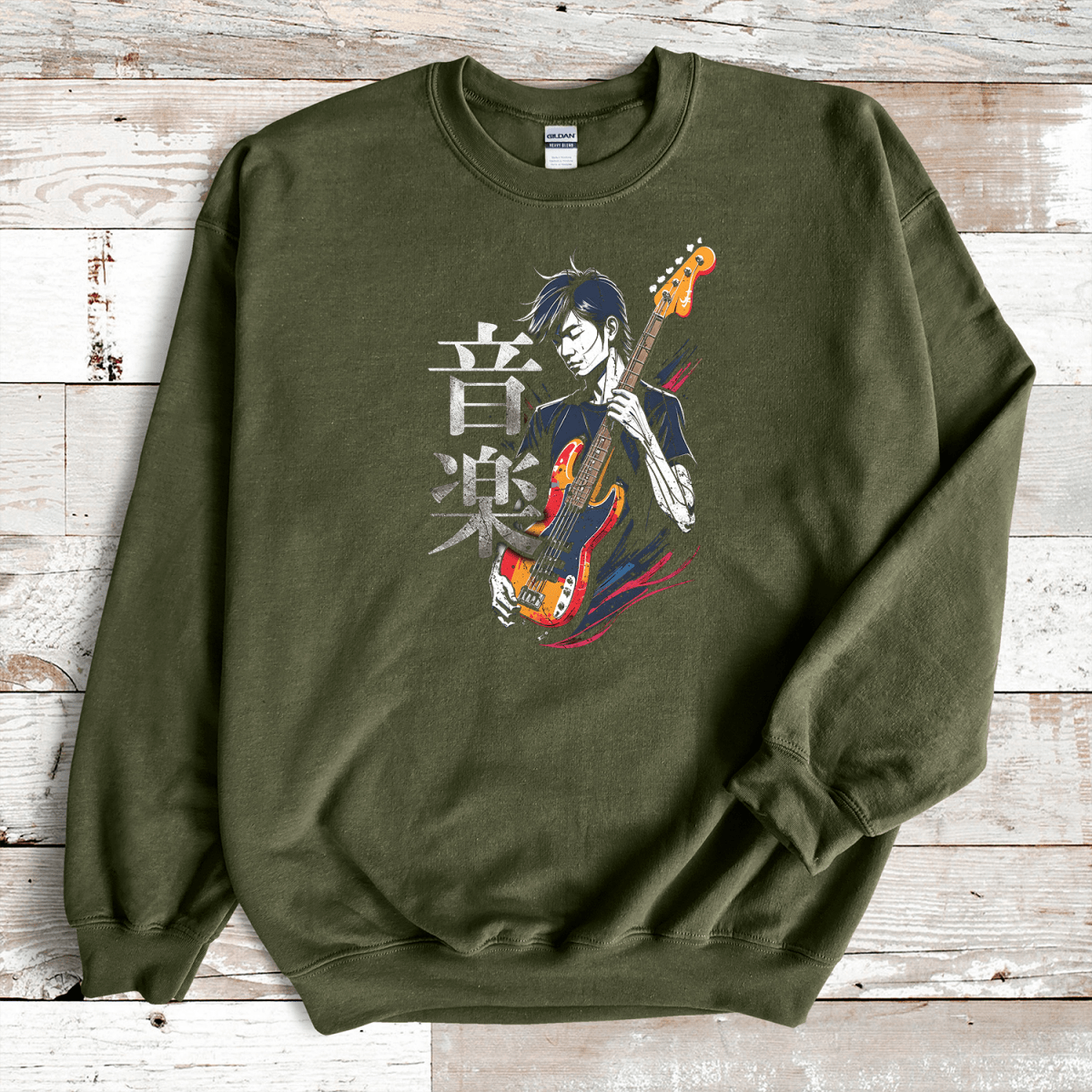 Military Green Music 音楽 Japanese Kanji Bass Sweatshirt - Kanji Soul