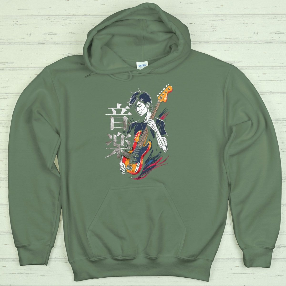 Military Green Music 音楽 Japanese Kanji Bassist Hoodie - Kanji Soul