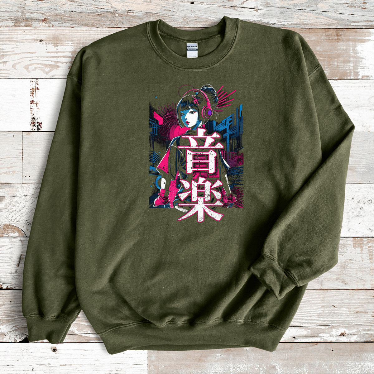 Military Green Music 音楽 Japanese Kanji Cyberpunk Sweatshirt - Kanji Soul