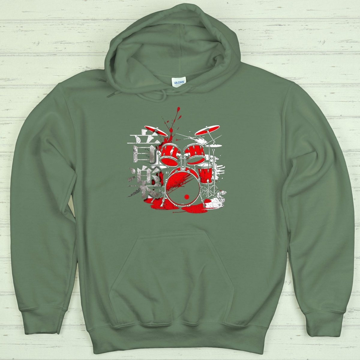 Military Green Music 音楽 Japanese Kanji Drummer Hoodie - Kanji Soul