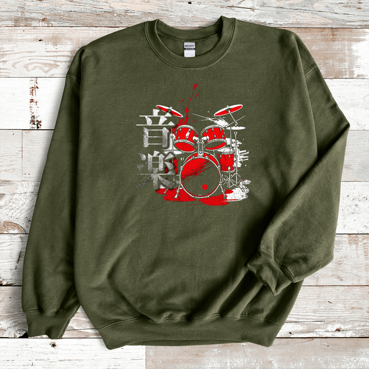 Military Green Music 音楽 Japanese Kanji Drummer Sweatshirt - Kanji Soul