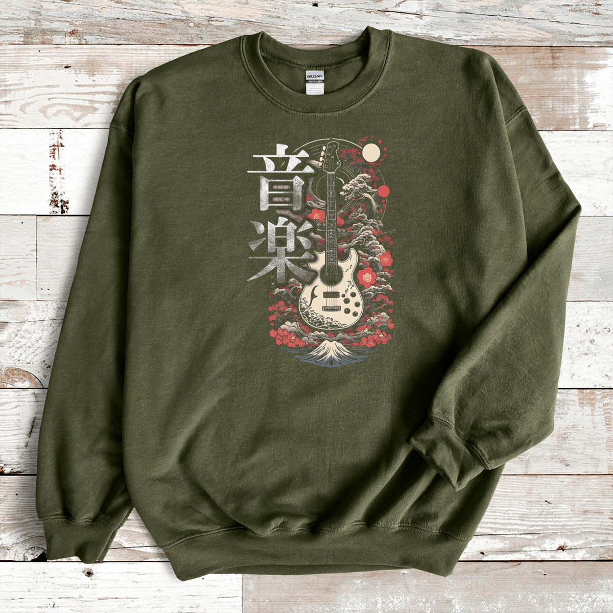 Military Green Music 音楽 Japanese Kanji Guitar Sweatshirt - Kanji Soul