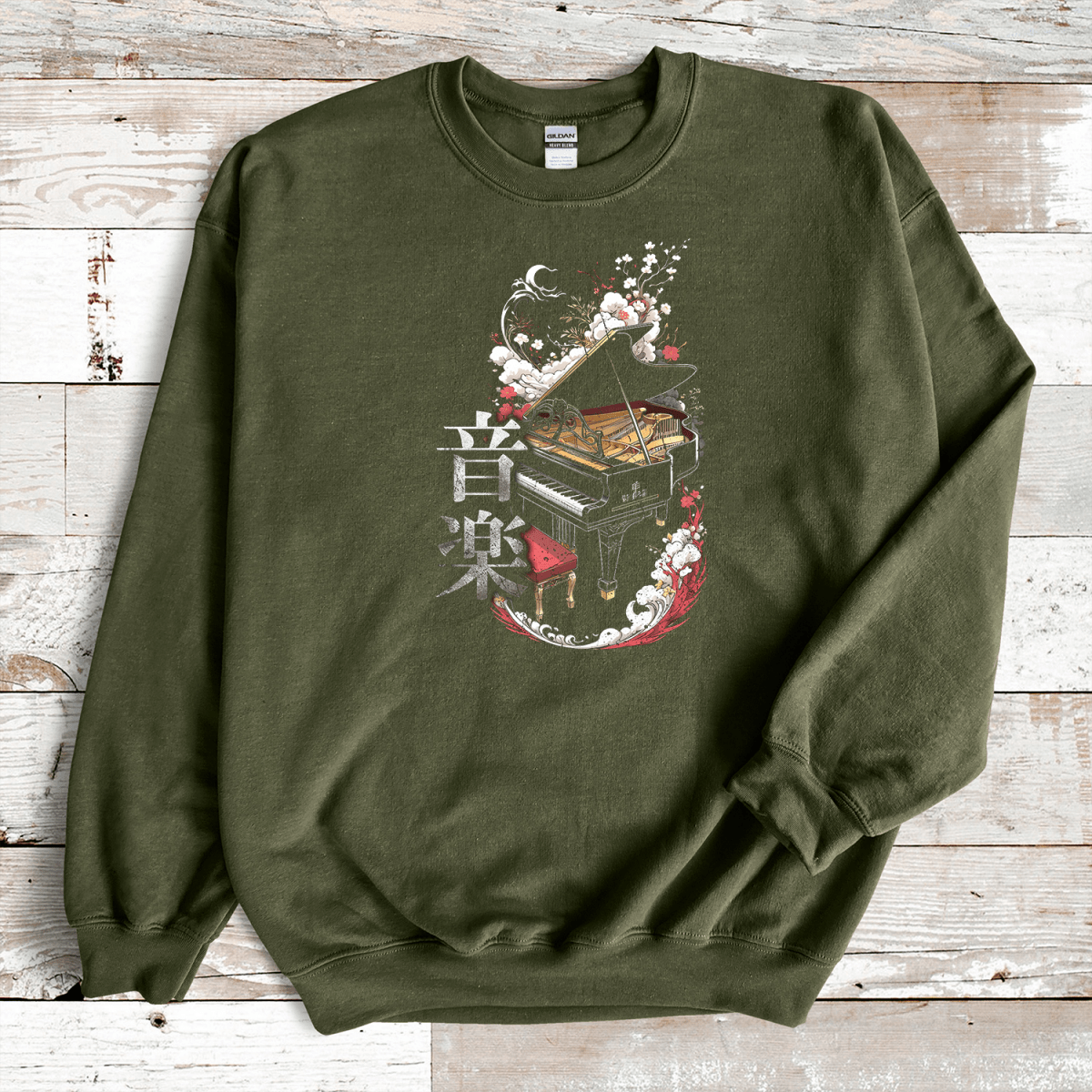 Military Green Music 音楽 Japanese Kanji Piano Sweatshirt - Kanji Soul
