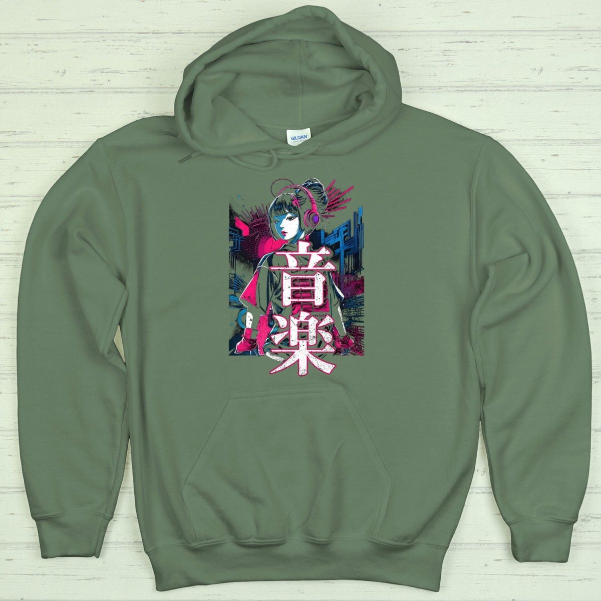 Military Green Music 音楽 Japanese Kanji Techno Hoodie - Kanji Soul