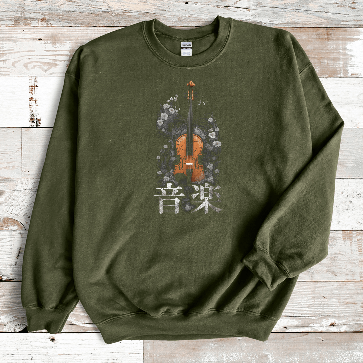 Military Green Music 音楽 Japanese Kanji Violin Sweatshirt - Kanji Soul