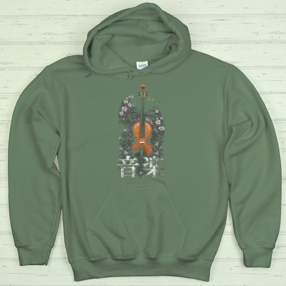 Military Green Music 音楽 Japanese Violin Hoodie - Kanji Soul