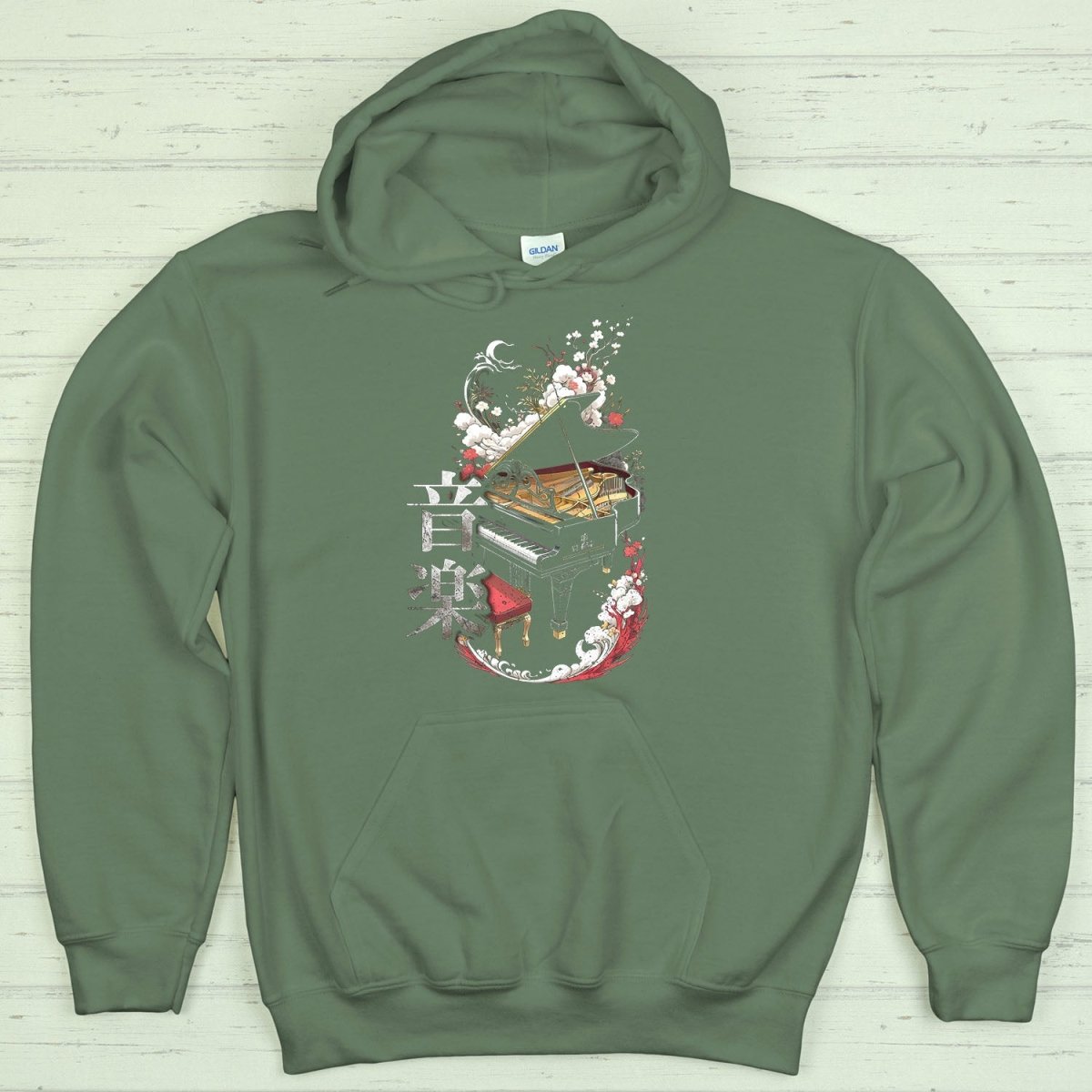 Military Green Music Piano 音楽 Japanese Kanji Premium Hoodie - Kanji Soul