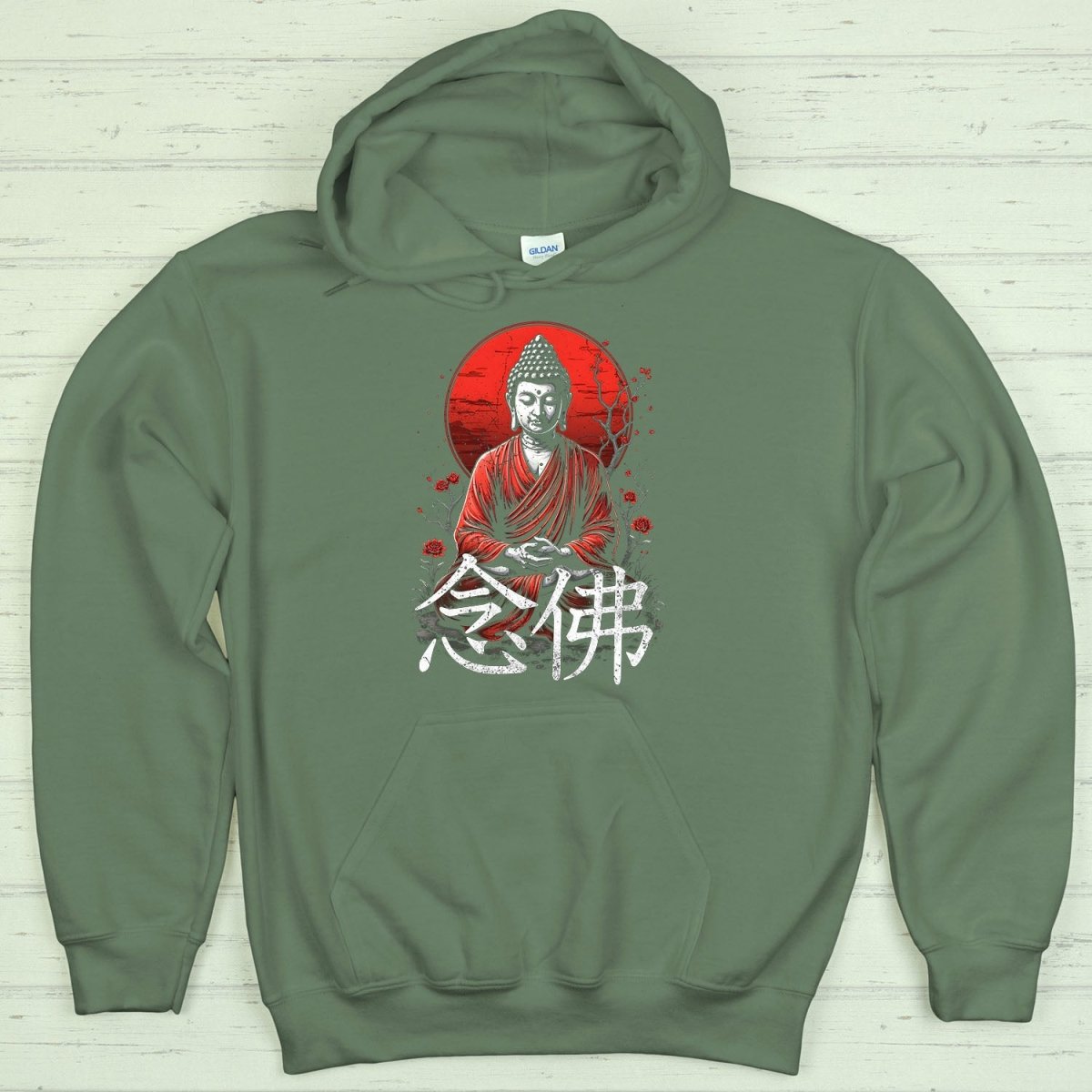 Military Green Nembutsu 念仏 Japanese Kanji Premium Hoodie - Kanji Soul