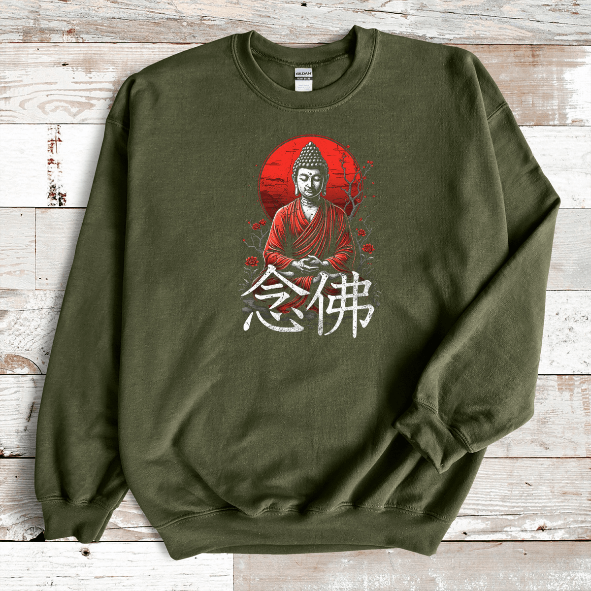 Military Green Nembutsu Kanji Premium Sweatshirt - KanjiSoul
