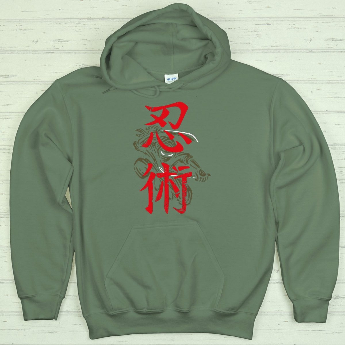 Military Green Ninjitsu 忍術 Japanese Kanji Premium Hoodie - Kanji Soul
