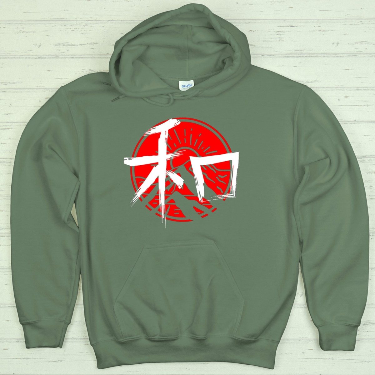 Military Green Peace 和 Japanese Kanji Premium Hoodie - Kanji Soul