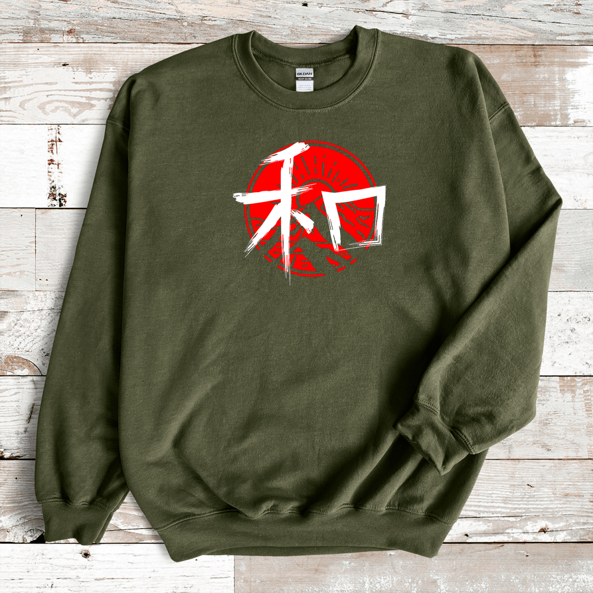 Military Green Peace 和 Japanese Kanji Premium Sweatshirt - Kanji Soul