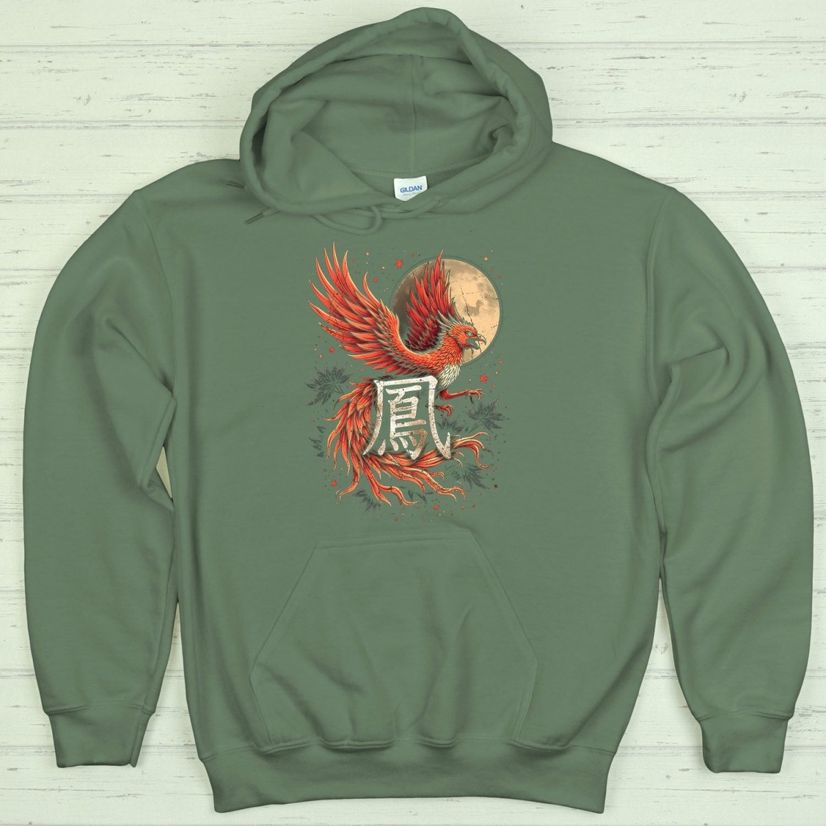 Military Green Phoenix 鳳 Japanese Kanji Premium Hoodie - Kanji Soul