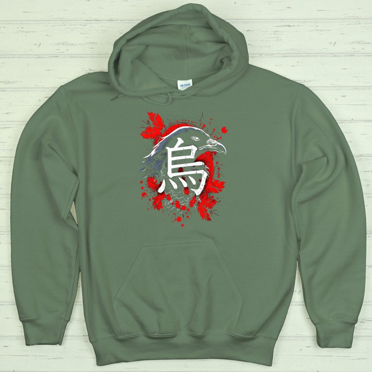 Military Green Raven 鴉 Japanese Kanji Premium Hoodie - Kanji Soul