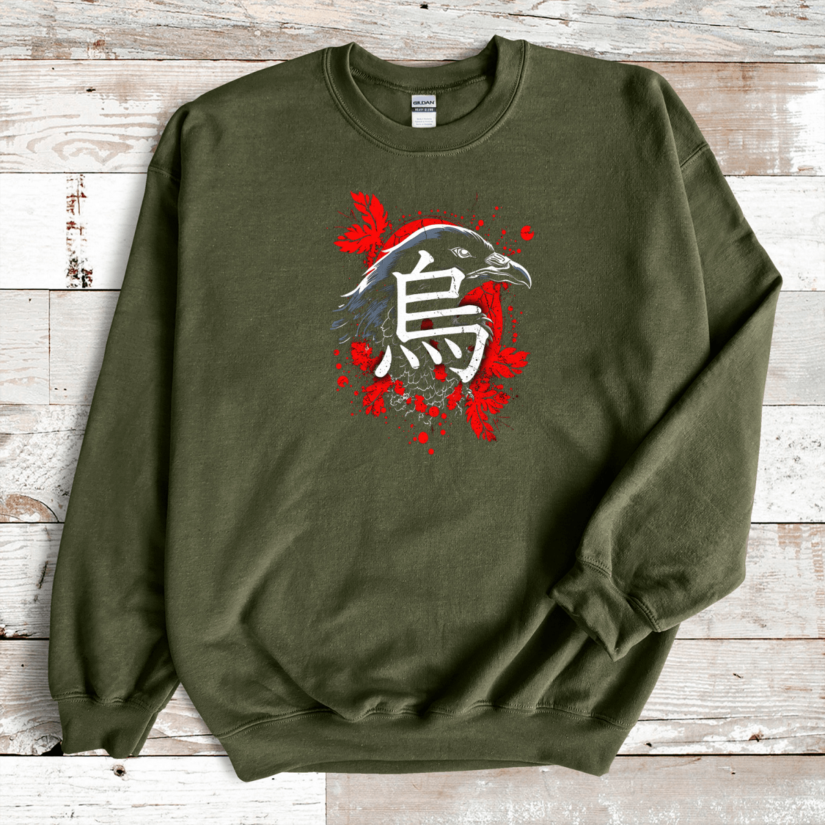 Military Green Raven Kanji Premium Sweatshirt - KanjiSoul
