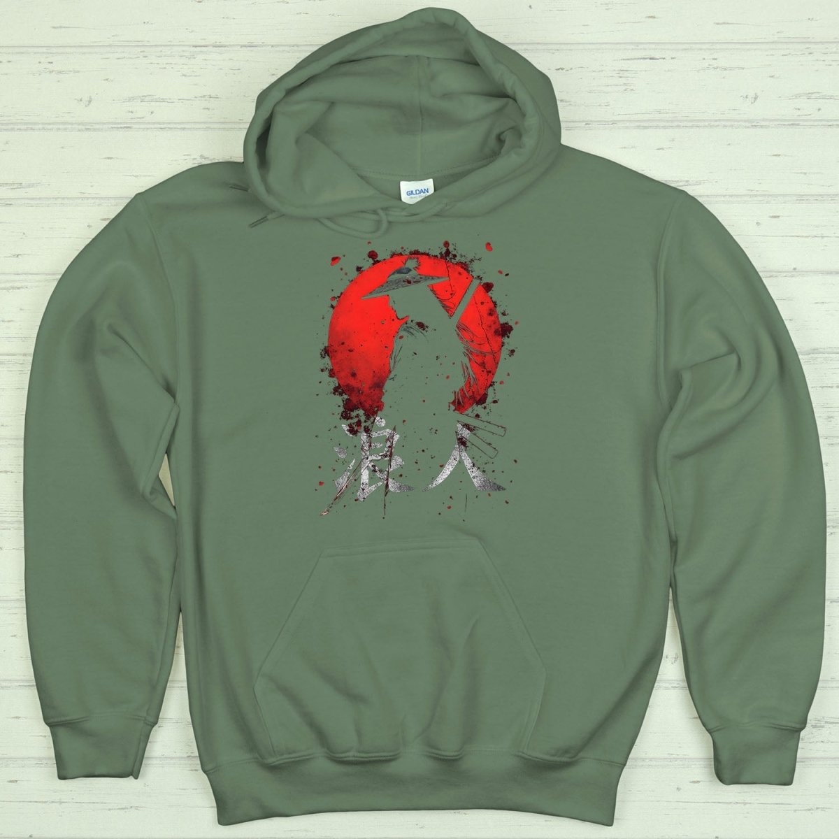 Military Green Ronin Red Sun 4 浪人 Japanese Kanji Premium Hoodie - Kanji Soul
