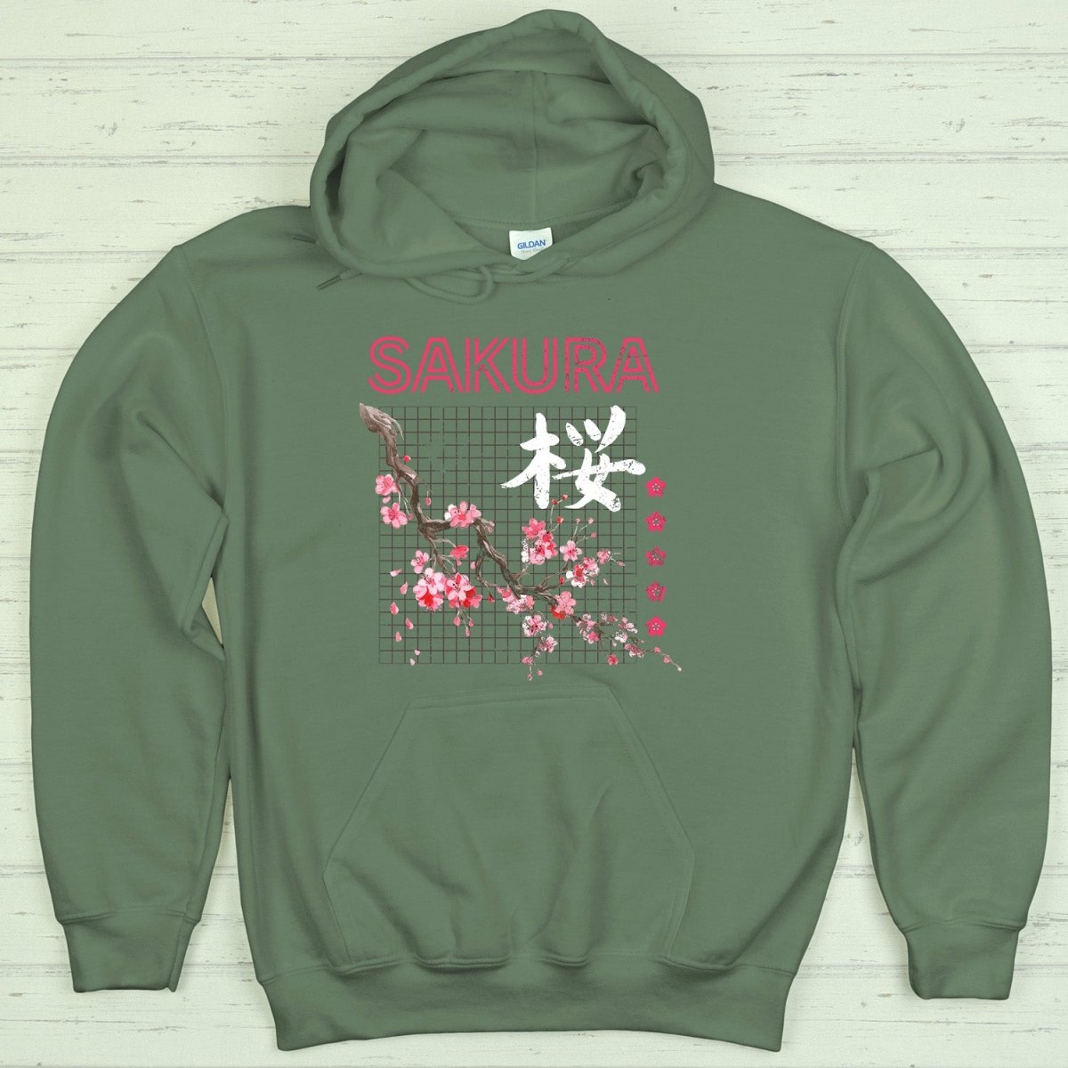 Military Green Sakura 桜 Japanese Kanji Premium Hoodie - Kanji Soul