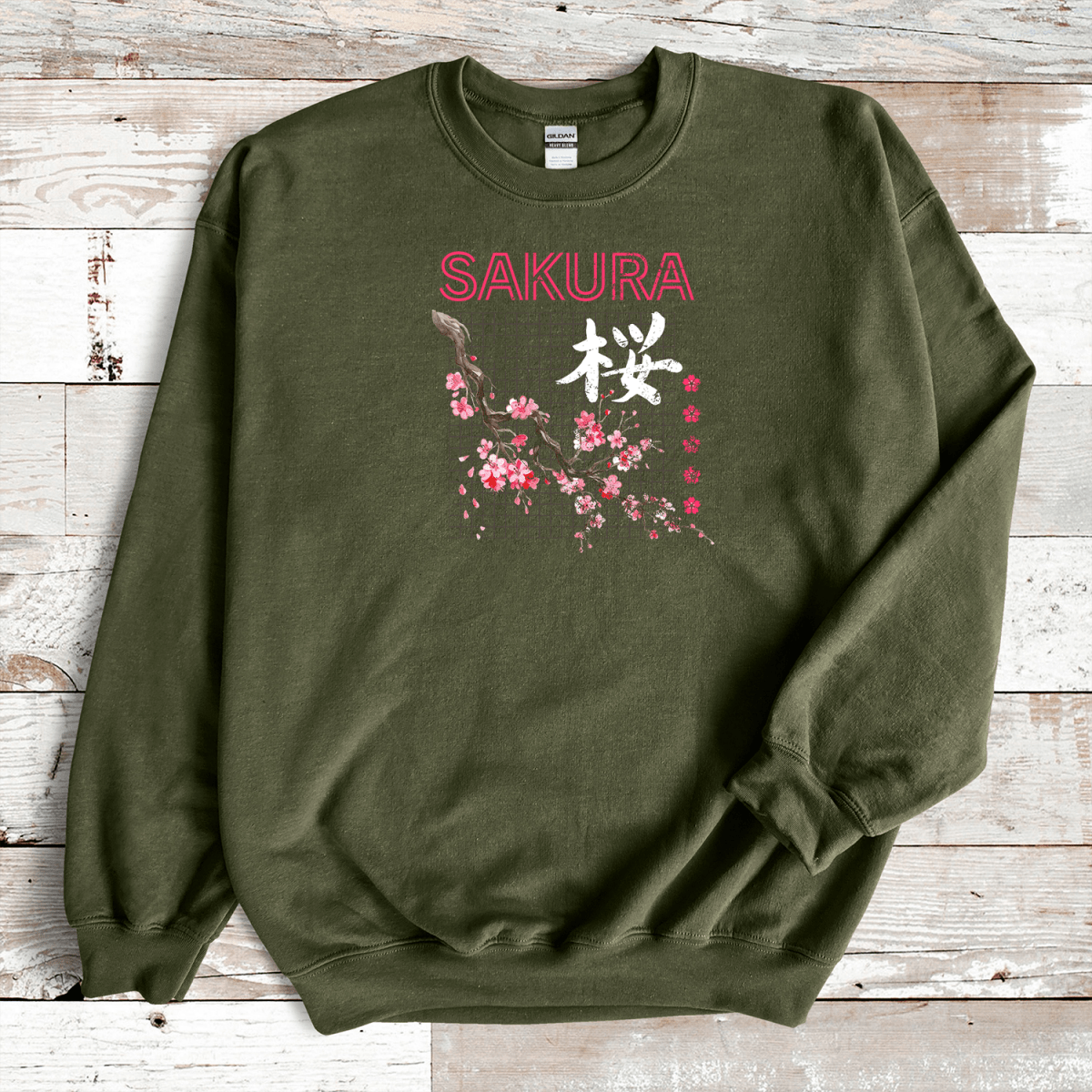 Military Green Sakura Kanji Premium Sweatshirt - KanjiSoul
