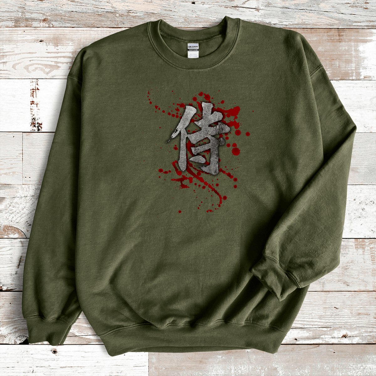Military Green Samurai Blood Kanji Premium Sweatshirt - KanjiSoul
