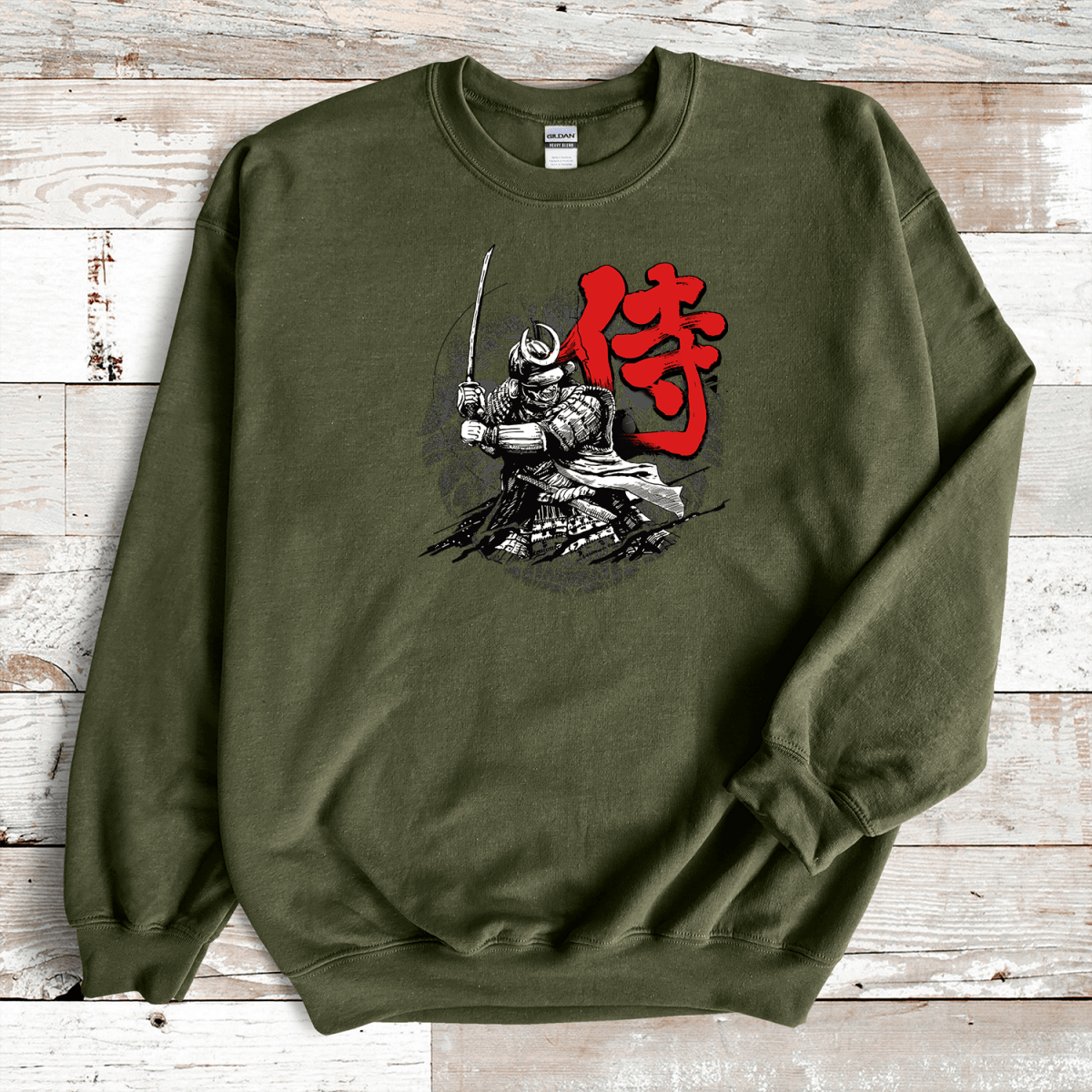 Military Green Samurai Kanji Premium Sweatshirt - KanjiSoul