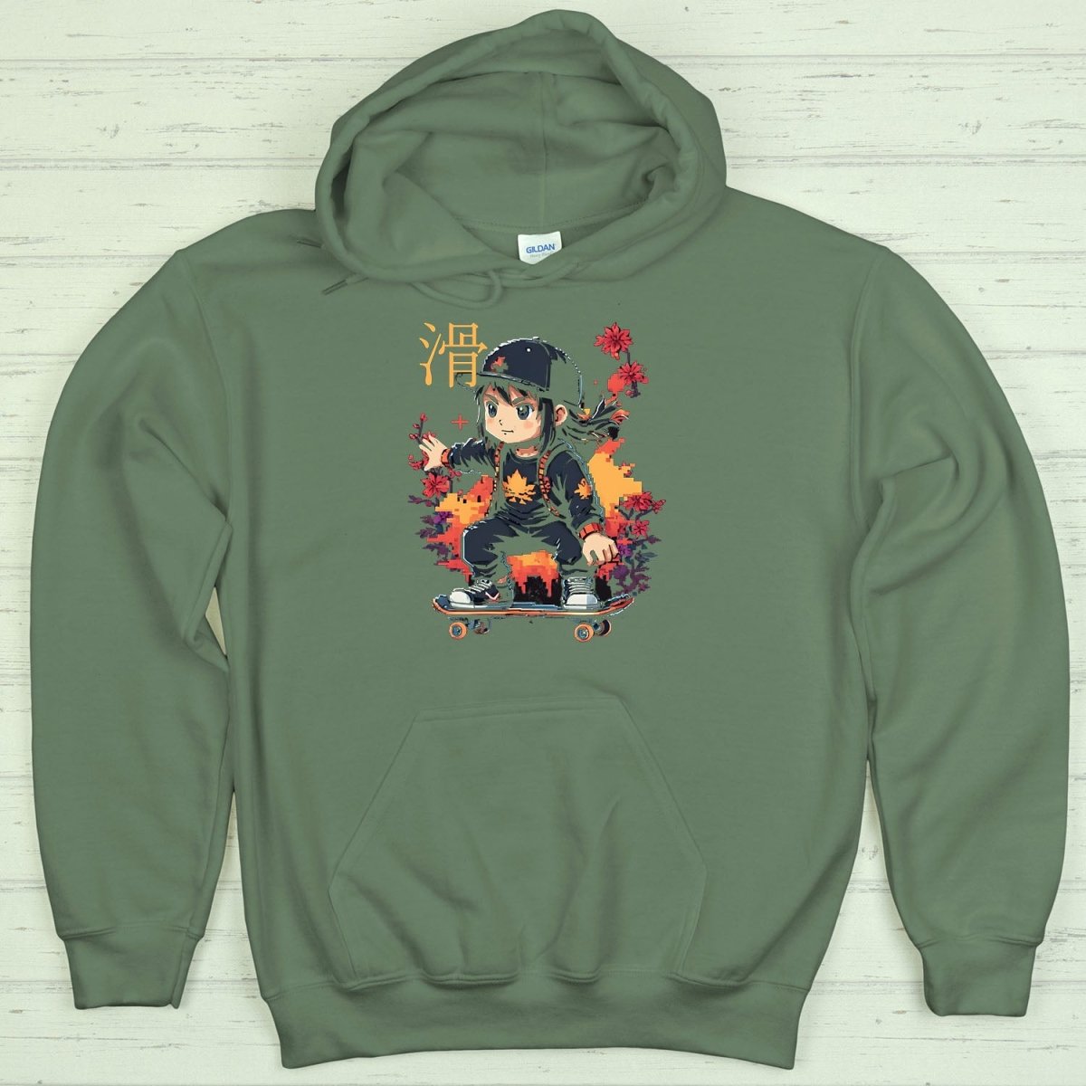 Military Green Skater 滑 Japanese Kanji Premium Hoodie - Kanji Soul