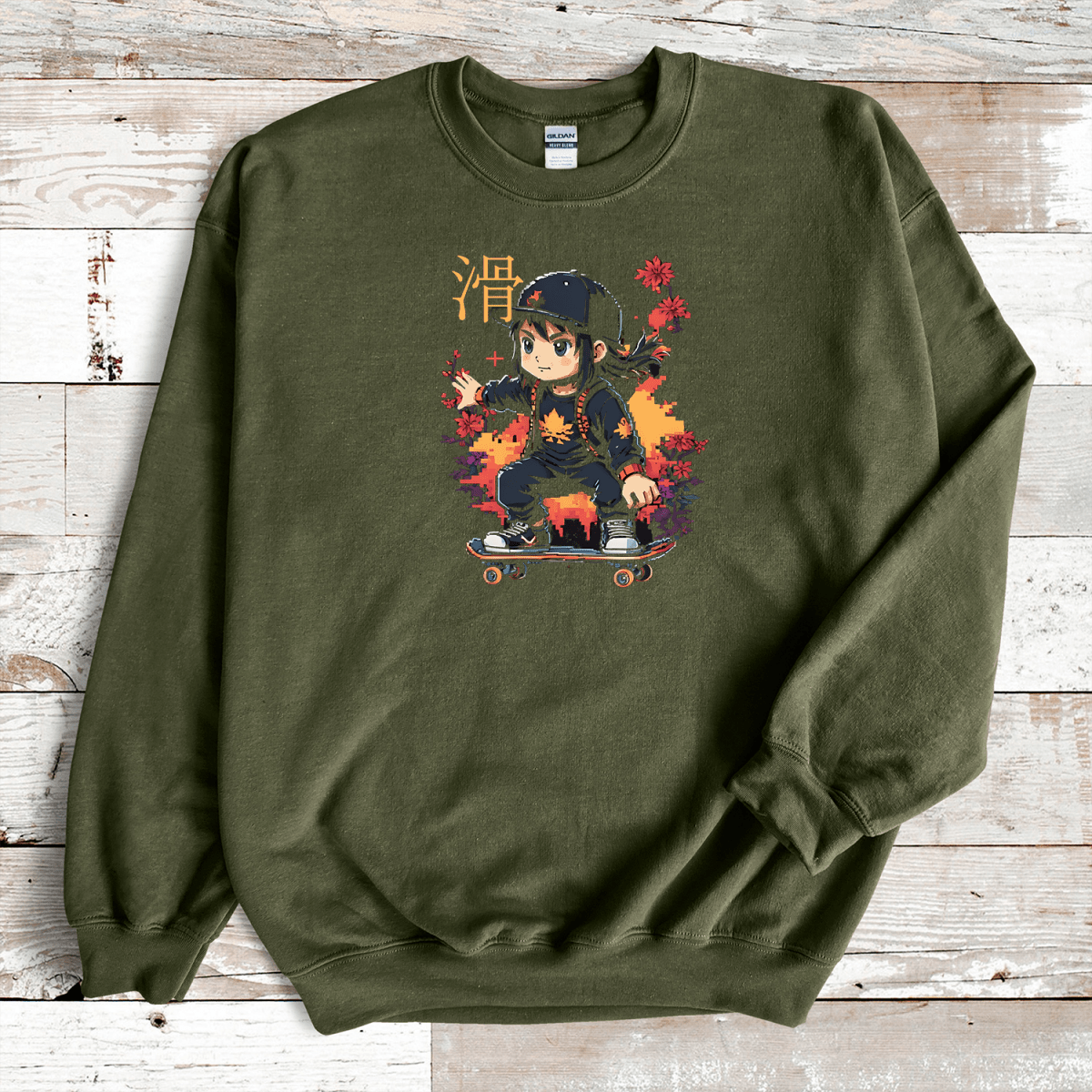 Military Green Skater Kanji Premium Sweatshirt - KanjiSoul