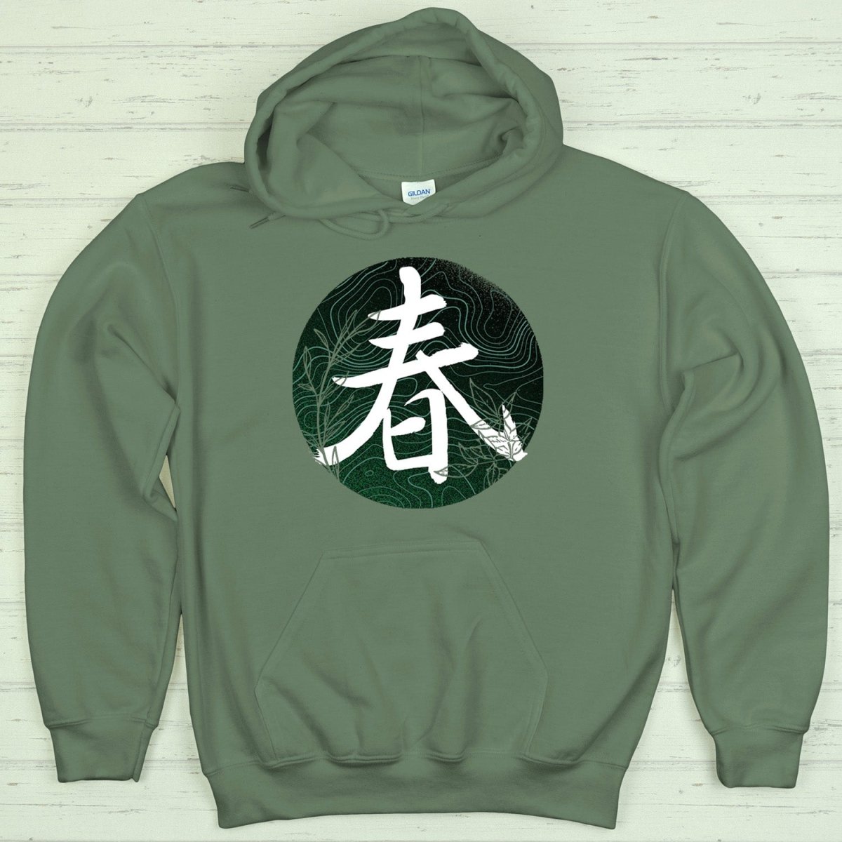 Military Green Spring 春 Japanese Kanji Premium Hoodie - Kanji Soul