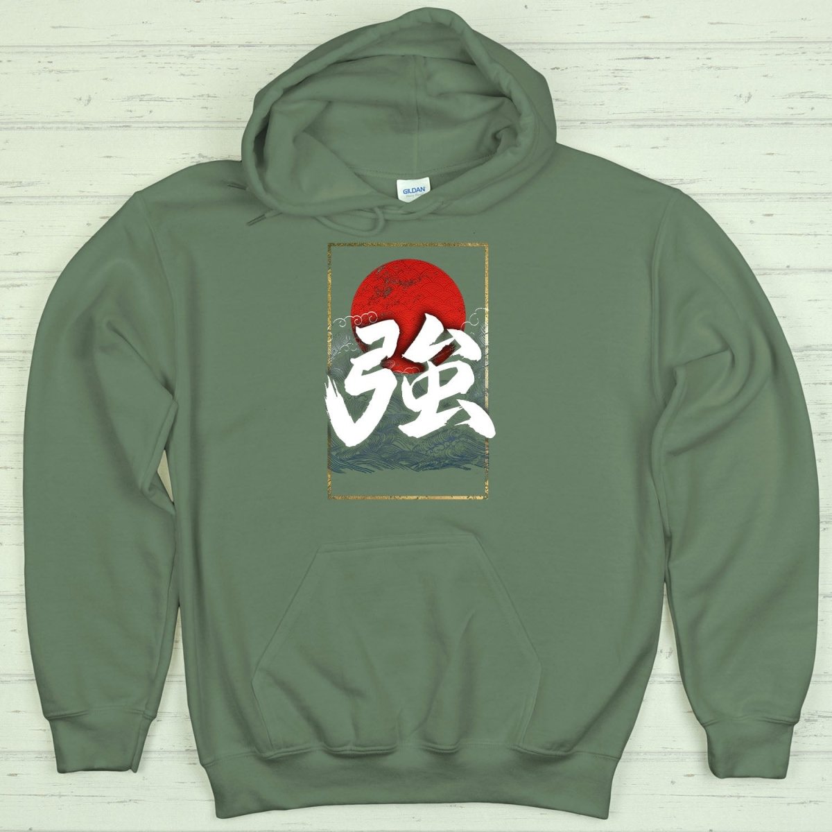 Military Green Strong 強 Japanese Kanji Premium Hoodie - Kanji Soul