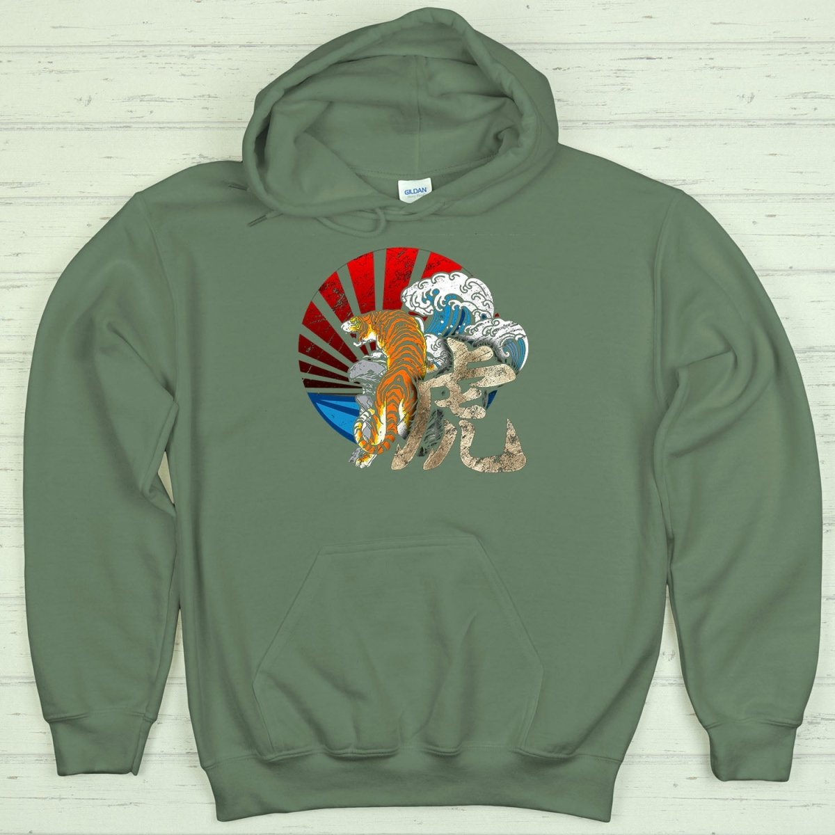 Military Green Tiger 虎 Japanese Kanji Premium Hoodie - Kanji Soul