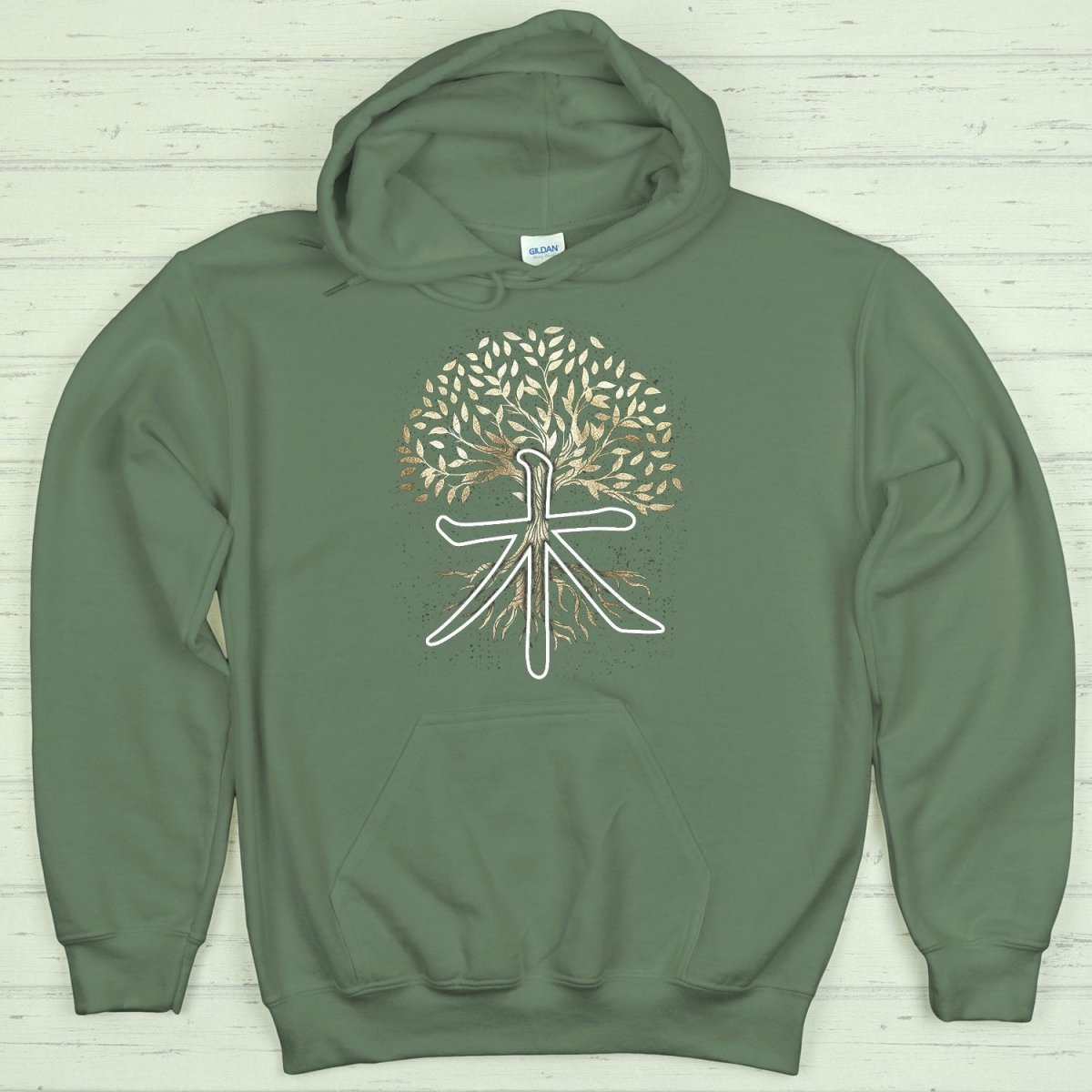 Military Green Tree 木 Japanese Kanji Premium Hoodie - Kanji Soul