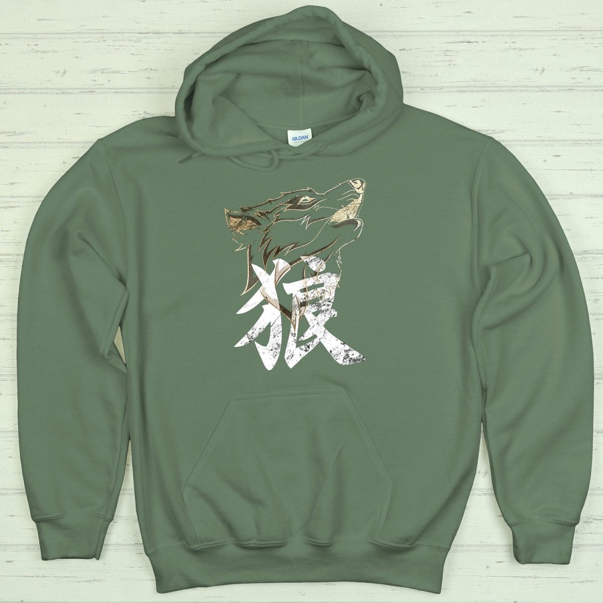Military Green Wolf 狼 Japanese Kanji Premium Hoodie - Kanji Soul