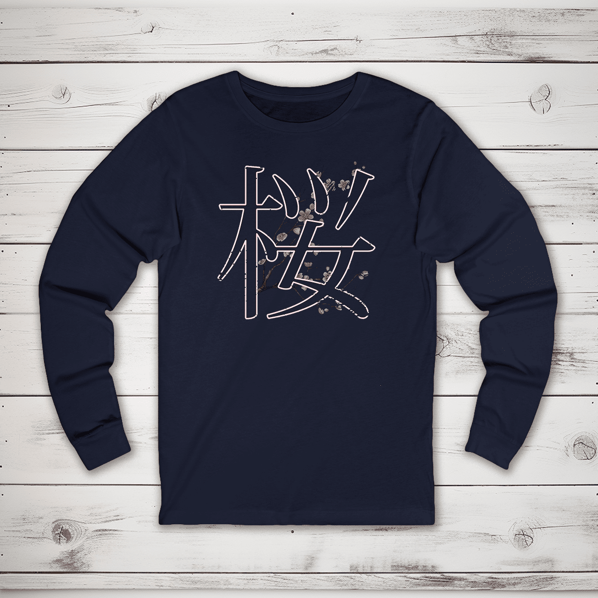 Navy Cherry Blossom 桜 Japanese Kanji Long Sleeve Shirt - Kanji Soul