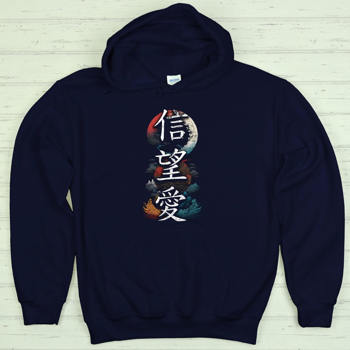 Navy Hope Faith Love 希信愛 Japanese Kanji Hoodie - Kanji Soul