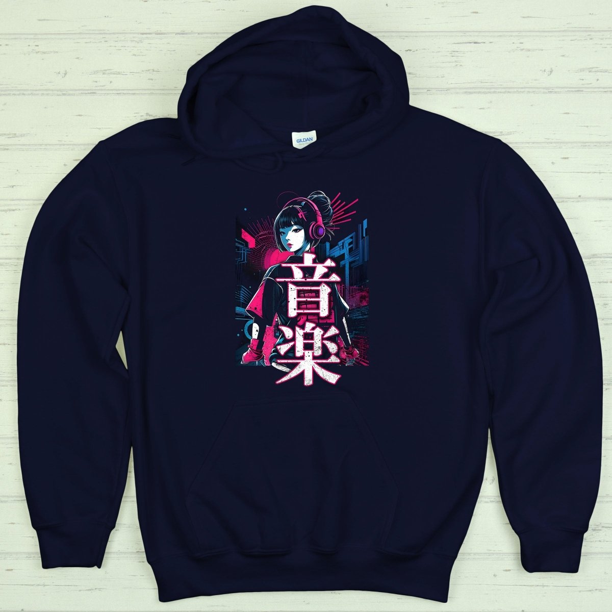 Navy Music 音楽 Japanese Kanji Techno Hoodie - Kanji Soul