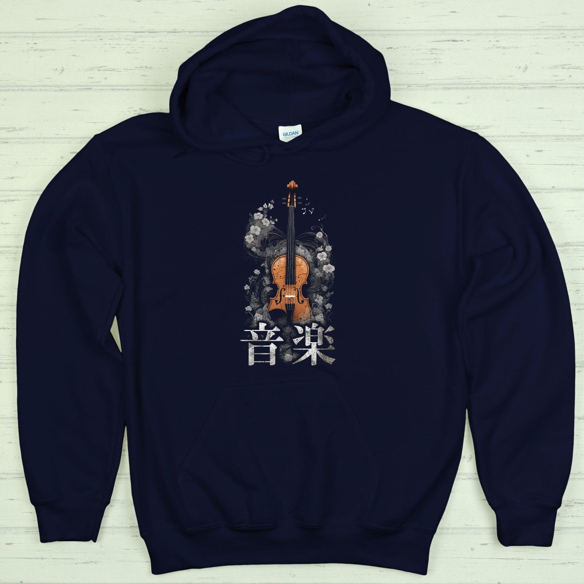 Navy Music 音楽 Japanese Violin Hoodie - Kanji Soul