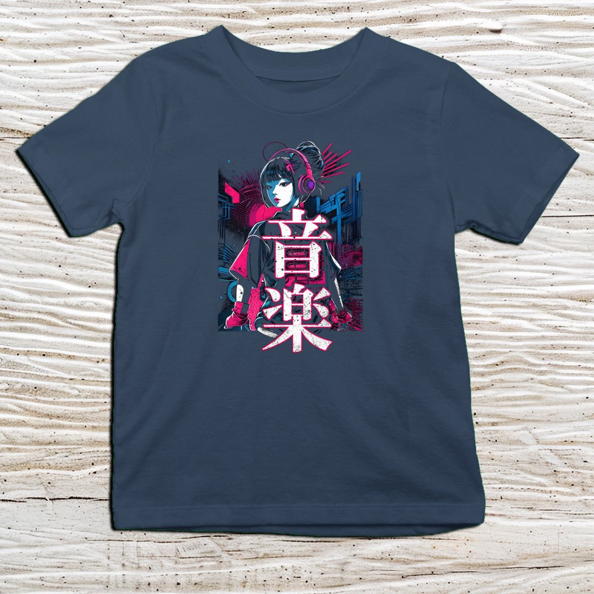 Navy Music Techno Kanji Kids T-Shirt – 音楽 Japanese Inspired Shirt - Kanji Soul