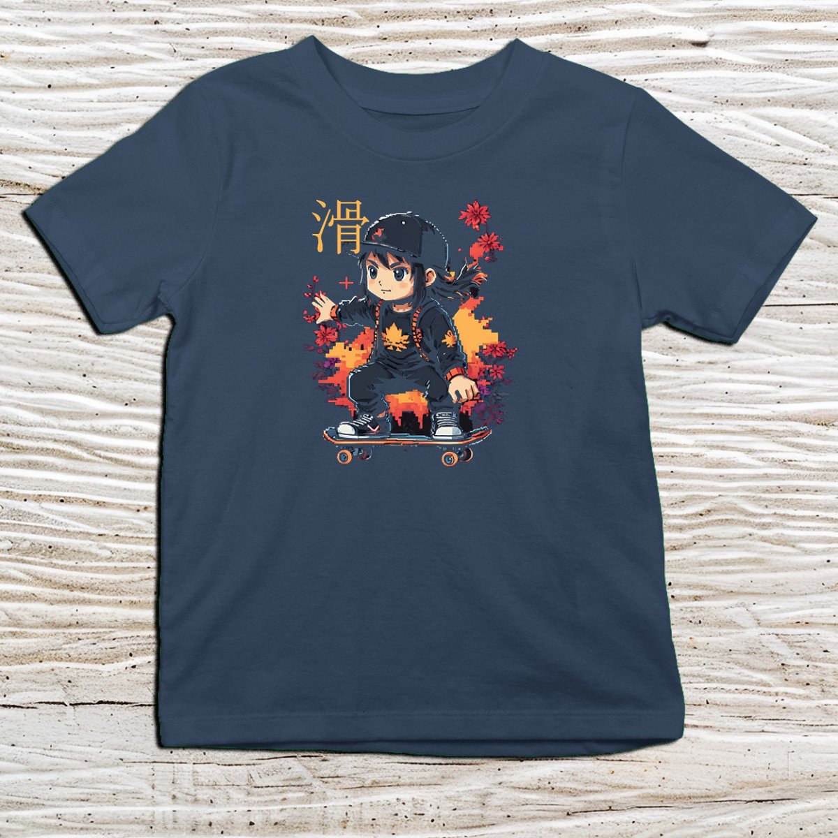 Navy Skater Kanji Kids T-Shirt – 滑 Japanese Inspired Shirt - Kanji Soul
