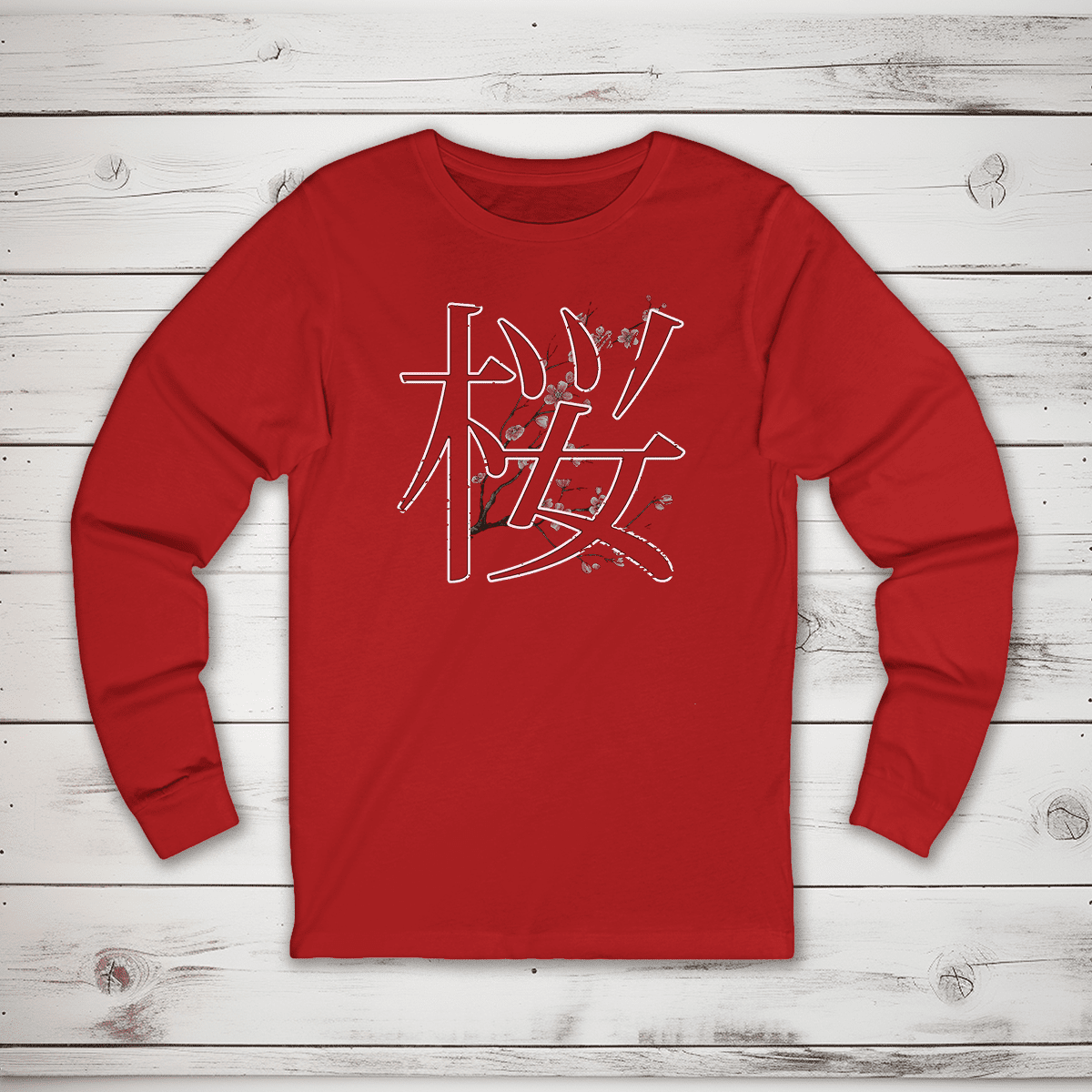 Red Cherry Blossom 桜 Japanese Kanji Long Sleeve Shirt - Kanji Soul