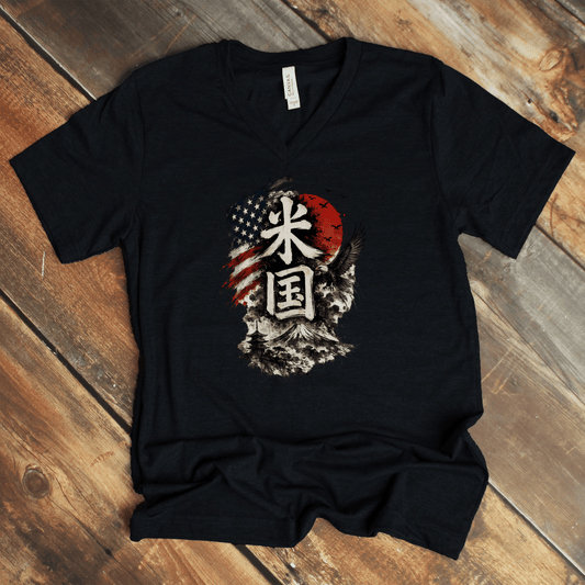 S America (Beikoku) Japanese Kanji Patriotic V - Neck T-Shirt - Kanji Soul