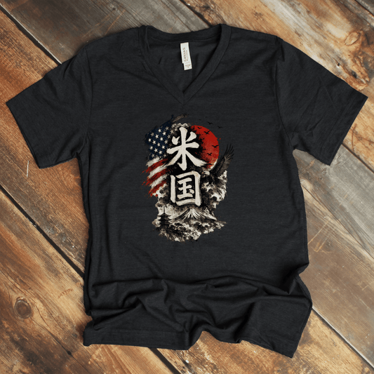S America (Beikoku) Japanese Kanji Patriotic V - Neck T-Shirt - Kanji Soul