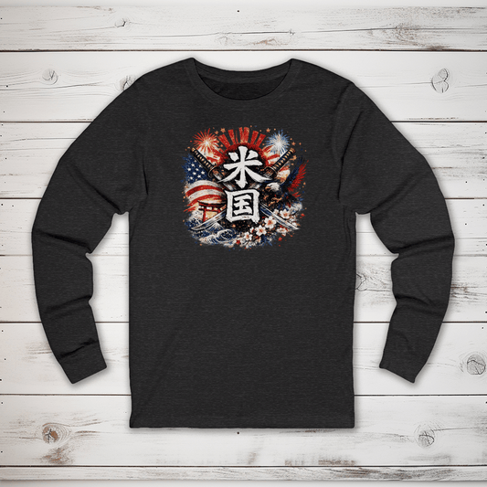 S American Spirit Japanese Kanji Patriotic Long Sleeve T-Shirt - Kanji Soul